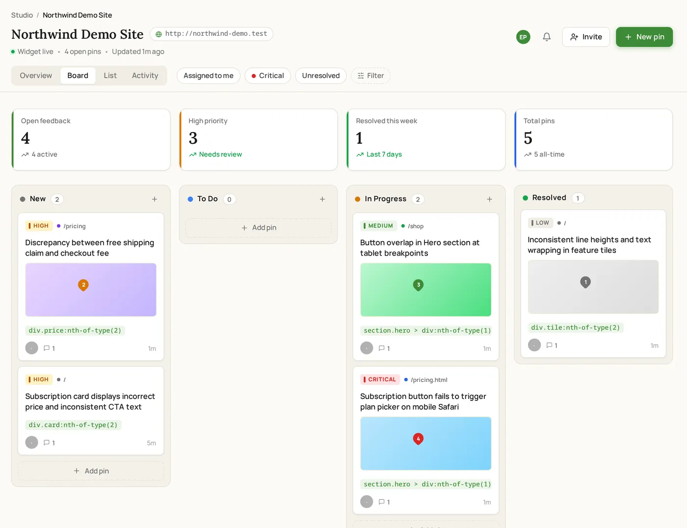 The ClickCues feedback board showing demo feedback items grouped into New, To Do, In Progress and Done columns, each card showing page path, priority and a screenshot indicator.