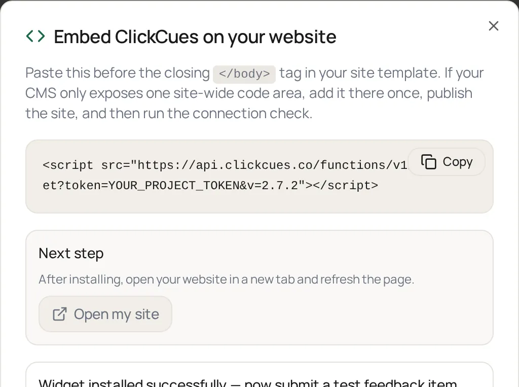 The ClickCues install dialog showing the one-line script tag to paste into a website, with the project token masked as YOUR_PROJECT_TOKEN.