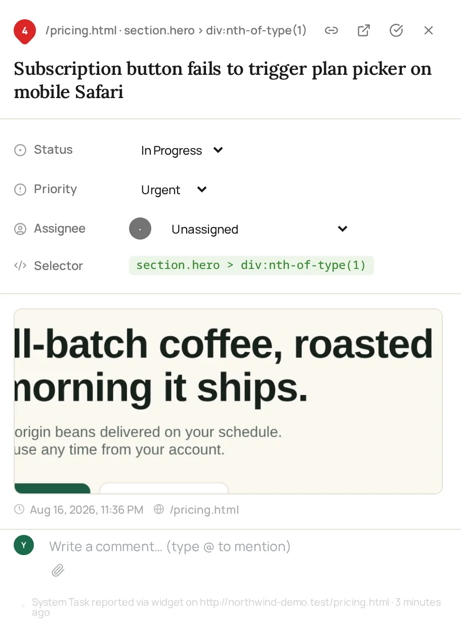 A ClickCues task detail panel for a demo feedback item, showing an AI-written title, status, priority, the captured CSS selector, the attached screenshot, the page URL and a comment box.