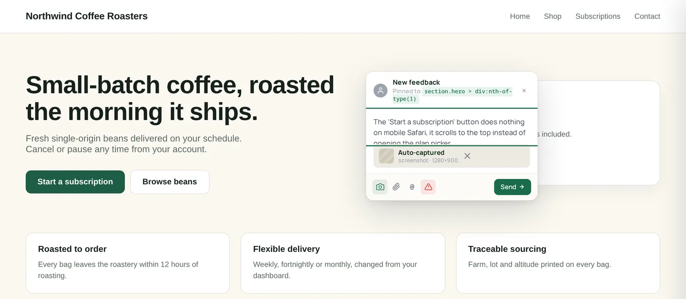 The ClickCues comment composer open next to a pinned element on a live page, showing the captured screenshot thumbnail attached to the comment before it is sent.