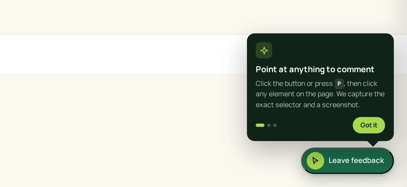 The ClickCues feedback launcher pinned to the corner of a live website, with an onboarding tip explaining that reviewers can click the button or press P and then click any element on the page.
